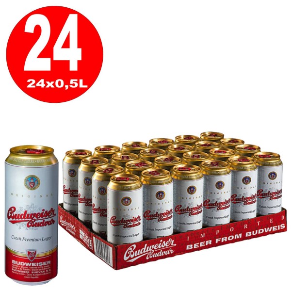 24 x Budweiser Budvar 0,5L blikken 5,0% vol inclusief eenmalige storting