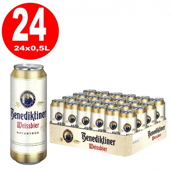 24 x Benediktiner Weisbier VERLAAGD MHD 01.03.2022 0,5L blik 5,4% vol.alc. WEGWERPBAAR