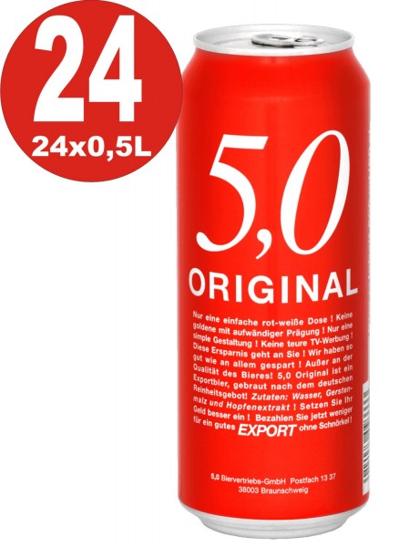 24x0.5L blikken 5.0 Original Export 5.2% Vol ingeblikt bier wegwerp BBD-REDUCED: 27.9.23