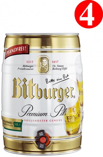 4x Bitburger Premium Pils 5 Liter Partyfass 4,8% vol