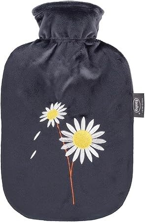 Fashy 67459 21 warmwaterkruik met fleece hoes en geborduurde bloemen 2,0L, zwart