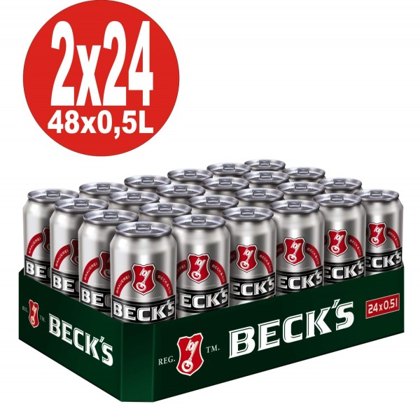 2 x Becks Pils 24x0,5L = 48 blikken 4,9% vol.alc._eenmalige statiegeld