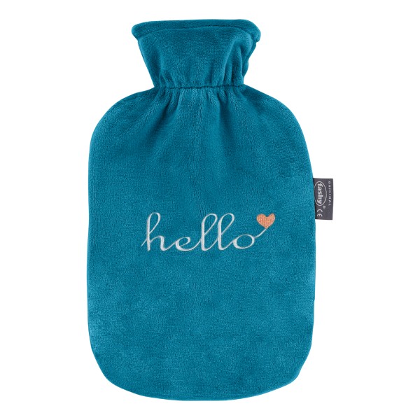 fashy 67398_34 warmwaterkruik met fleece hoes, Petrol, geborduurd met letters - 2 liter